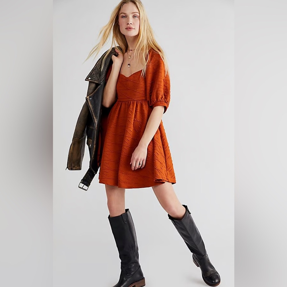 Free People Terracotta Textured Puff Sleeve Mini Dress